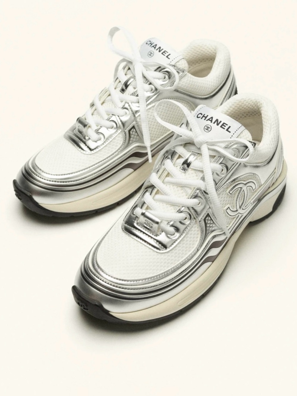 CHANEL White and Silver Metallic Leather Mesh Sneakers - Trainers - 37